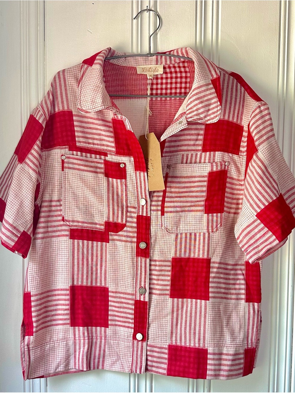 Listicle Red & White Patchwork Button-Down Kids Shirt